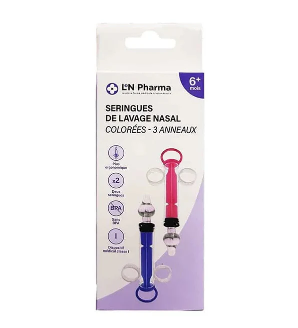 L2N Pharma Lot de 2 Seringues Bébé pour Lavage Nasal à anneaux Colorés - Image 2