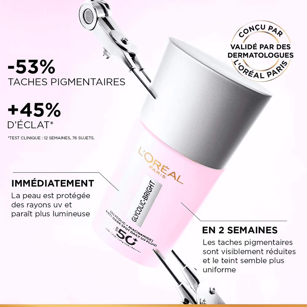 L'OREAL PARIS GLYCOLIC-BRIGHT ANTI-DARK SPOT DAILY UV FLUID SPF50 50ML = coffret guasha OFFERT - Image 5